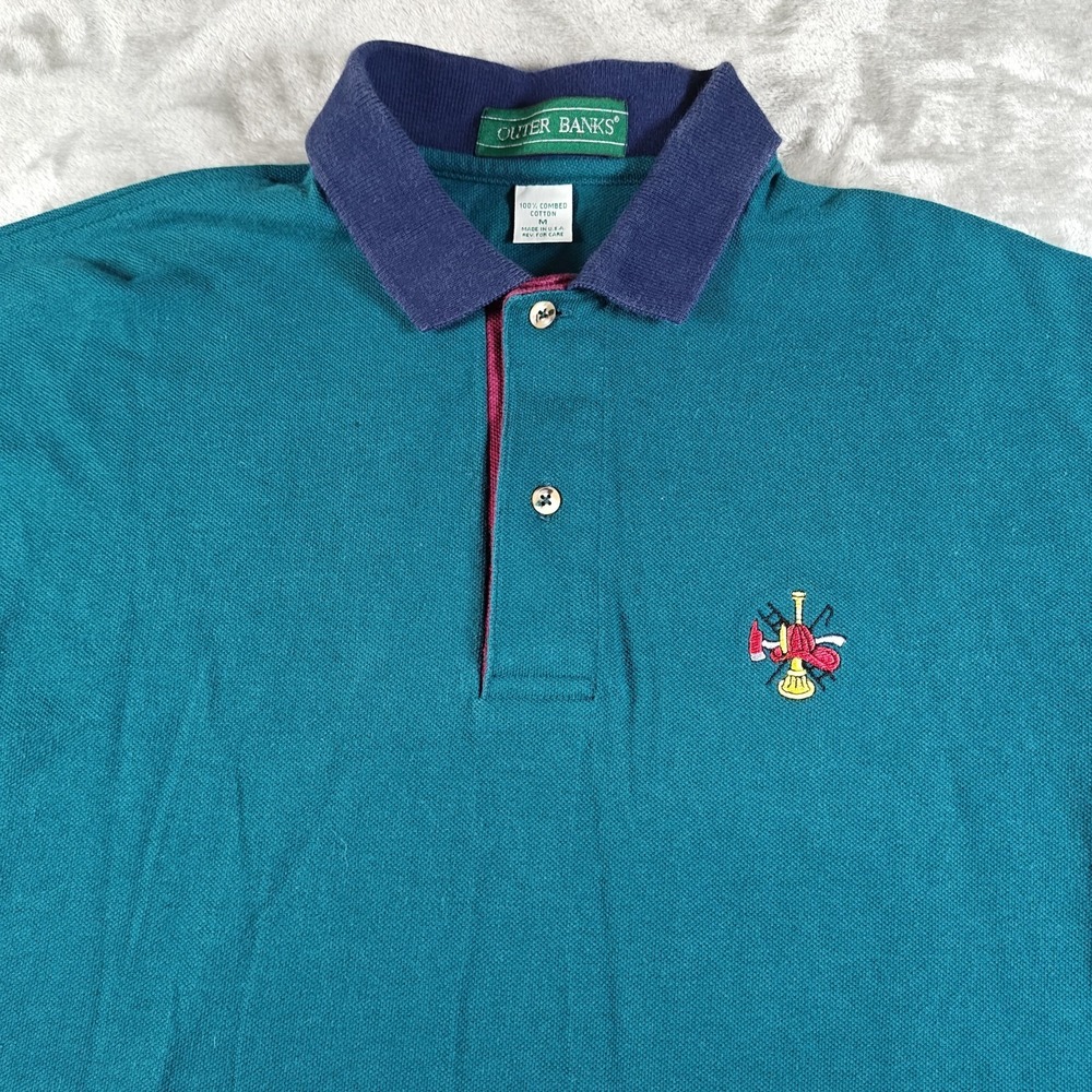Vintage Firefighters Polo Shirt Mens Medium Outer Banks‎ Hawaii Embroidered 90s